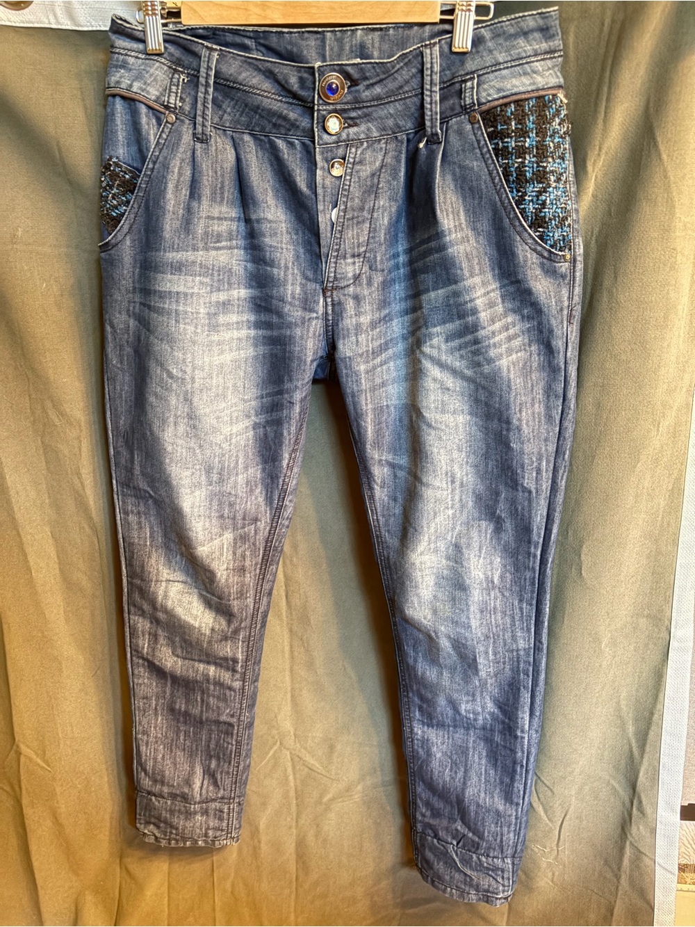 RARE Desigual Slim Blue Washed Jeans with Tweed Pocket Accents